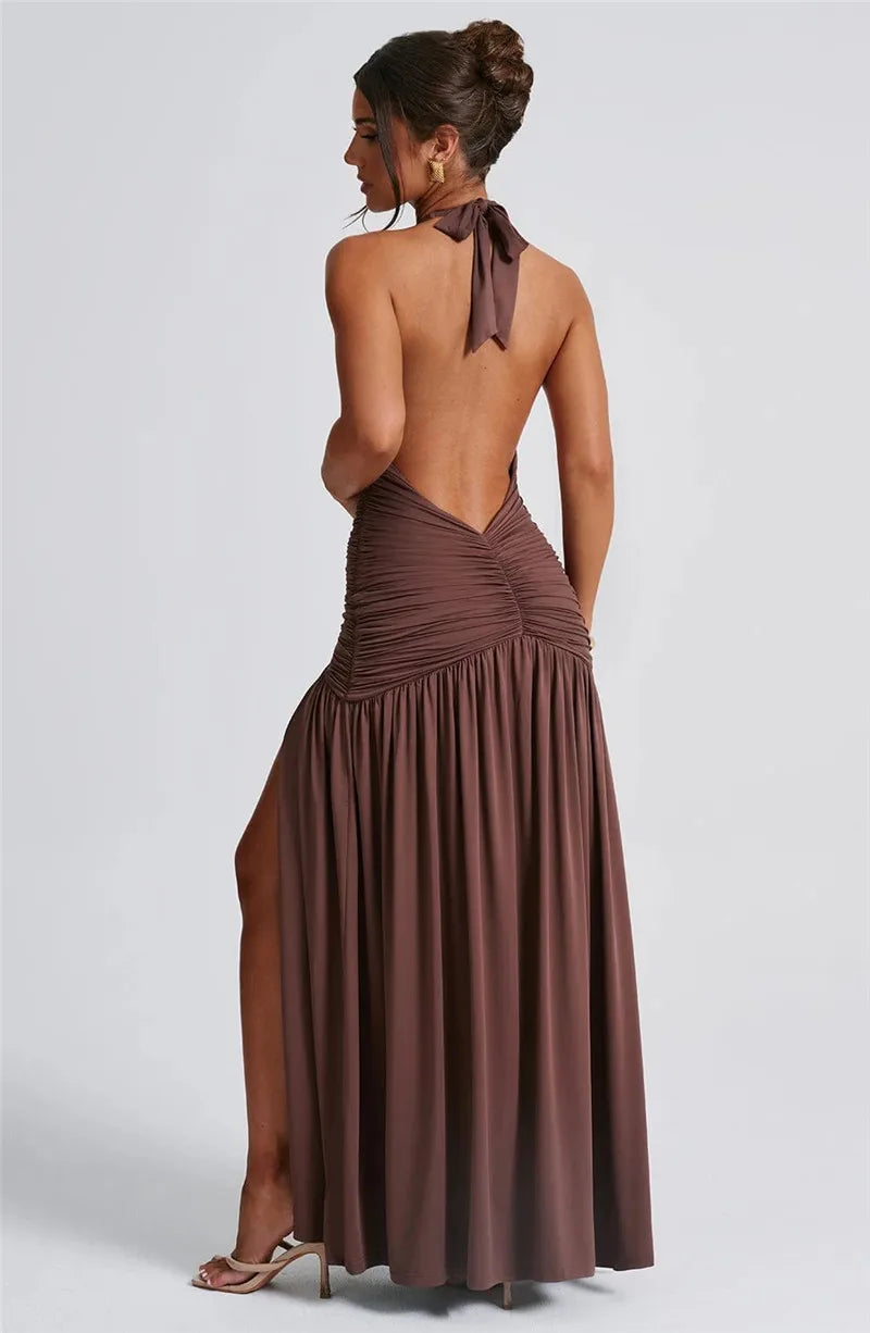 Open Back Solid Thigh High Split Party Dress