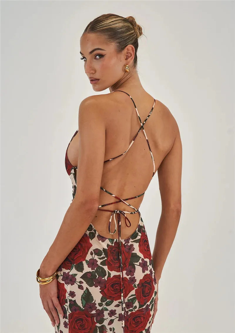 Red Floral Cowl Neck Tie Back Maxi Dress