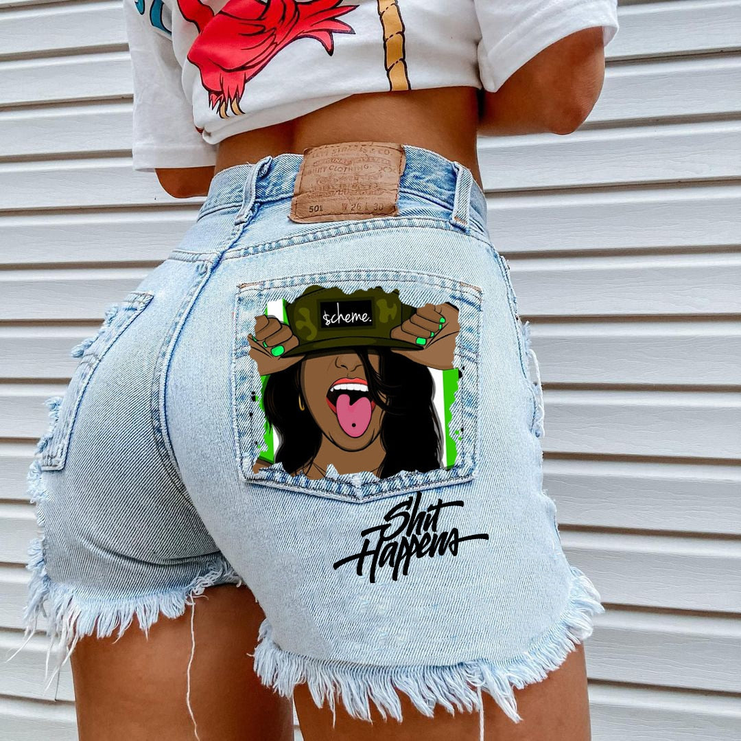 Printed Denim Playful Street Girl Short