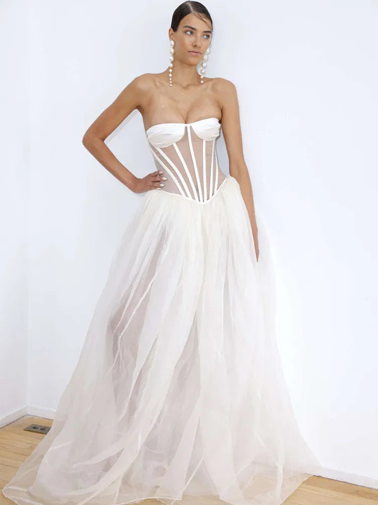 Strapless Mesh White A-Line Maxi Dress
