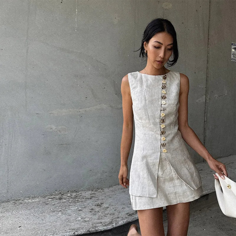 Sleeveless Front Button Two Piece Mini Dress