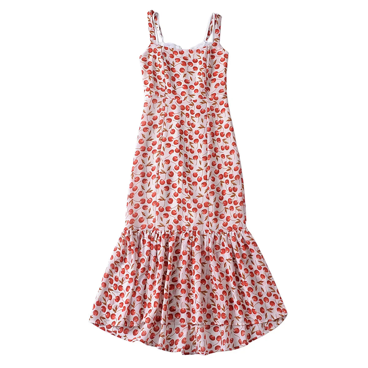 Cherry Print Ruffled Hem Trumpet Midi Dress
