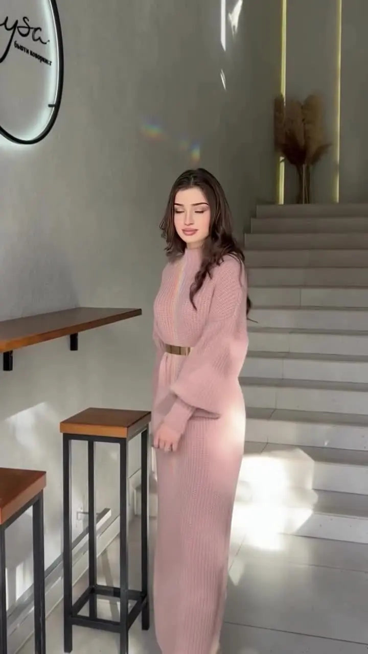Turtleneck Pullover Belted Solid Party Dress