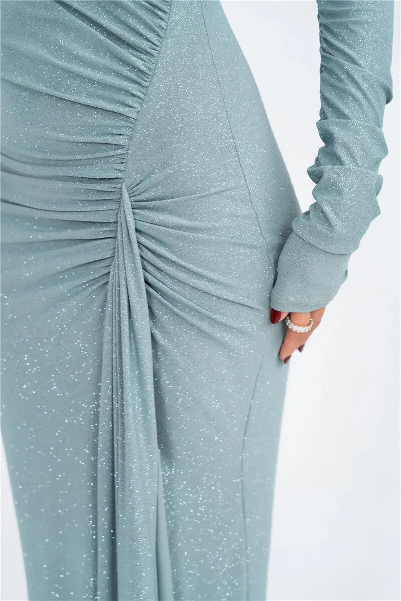 Long Sleeve Ruched Maxi Dress with Thigh Split