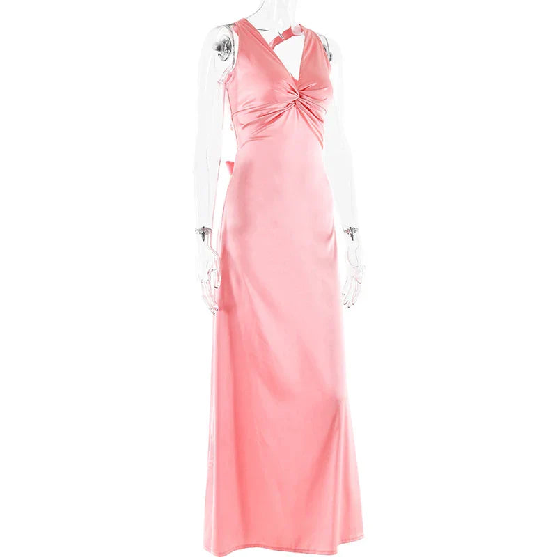 V-Neck Sleeveless Satin Bow Backless Maxi Dress
