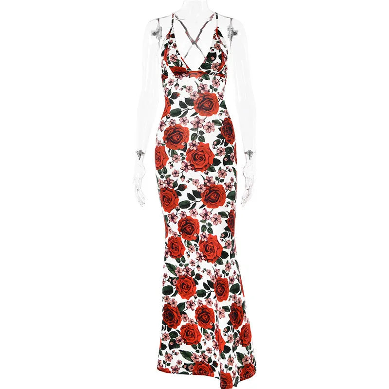 Red Floral Cowl Neck Tie Back Maxi Dress