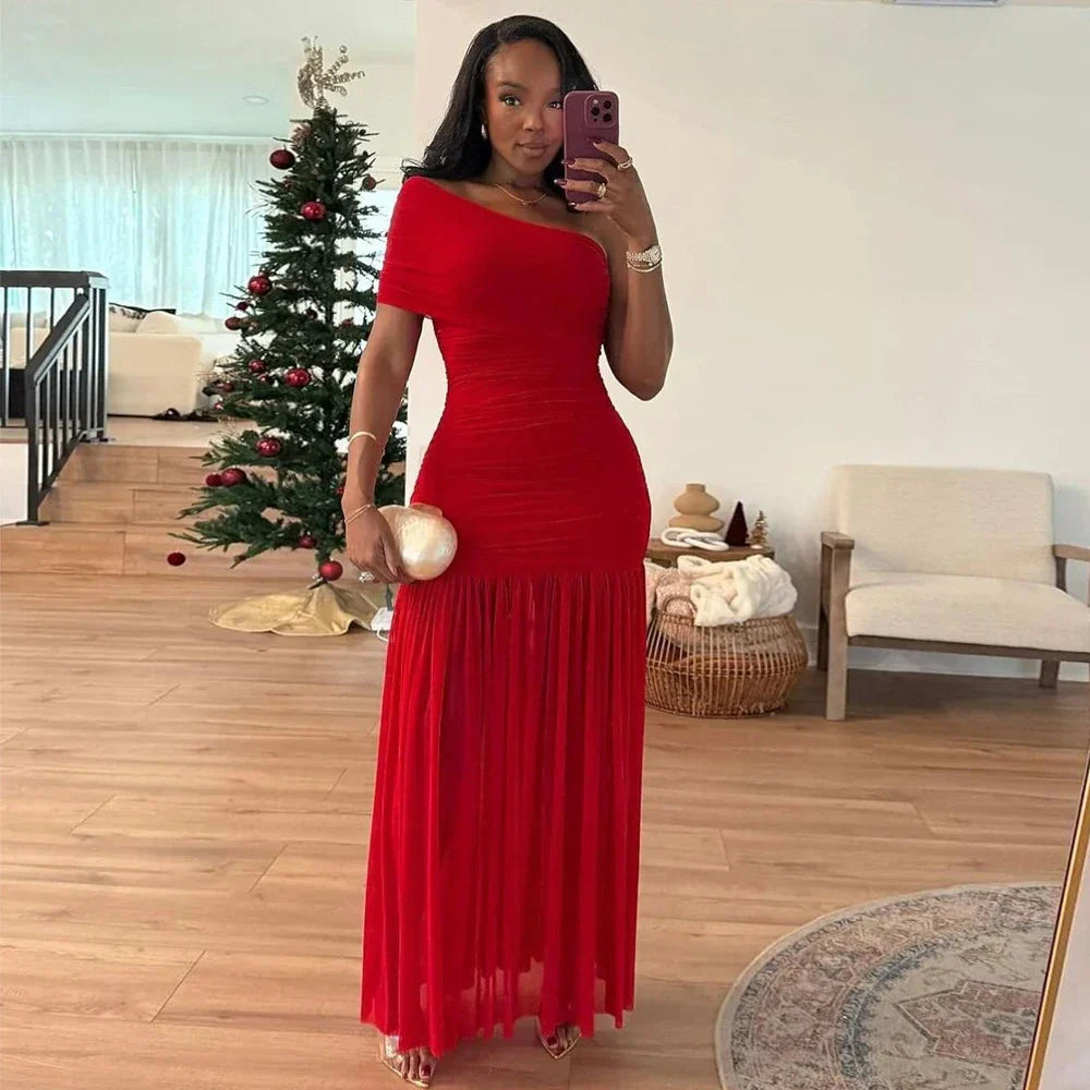 One Shoulder Mesh Sleek Maxi Dress