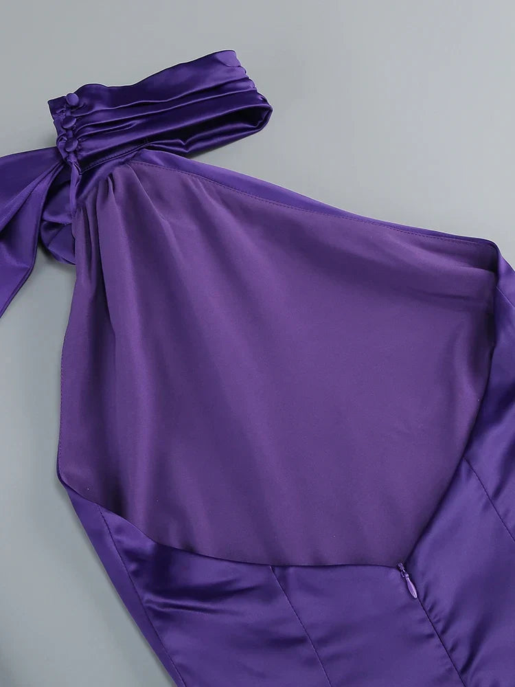 Purple Satin Halter Neck 3D Flower Maxi Dress