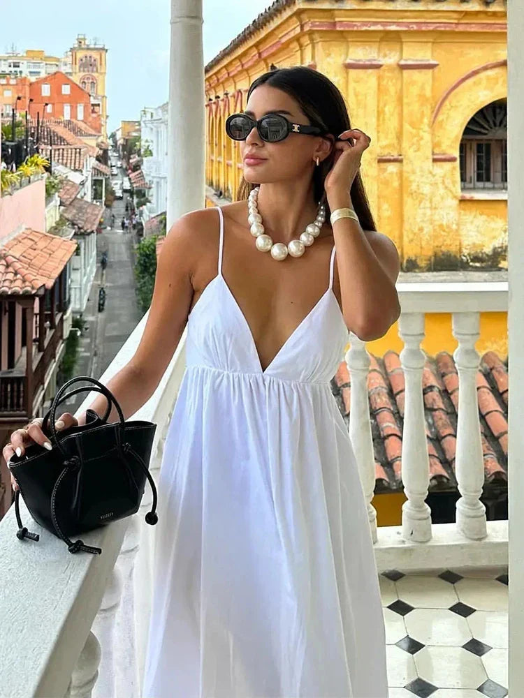 Backless V Neck Easy Fit Midi Dress