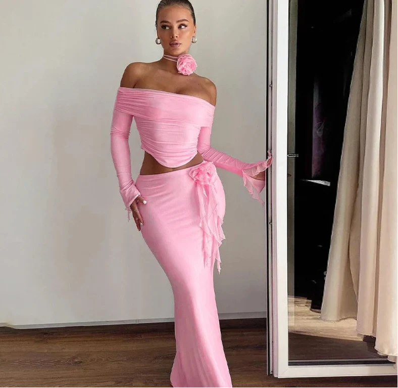 Off Shoulder Crop Top Bodycon Maxi Skirt Set