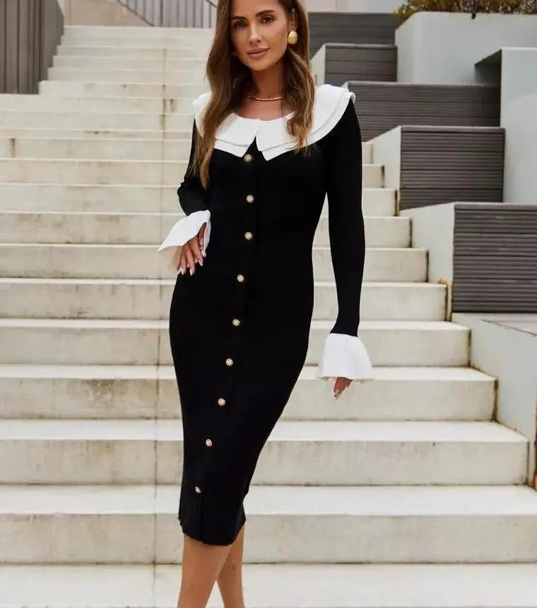 Patchwork Contrast Ribbed Casual Midi Dress