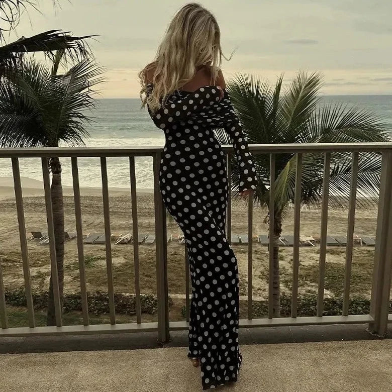Polka Dots Off Shoulder Long Sleeve Maxi Dress