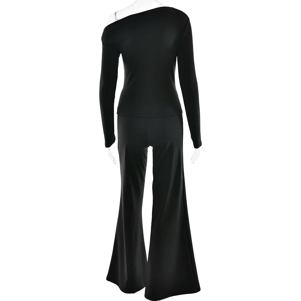 One Shoulder Flare Sleeve Top Pant Suit Party Dress