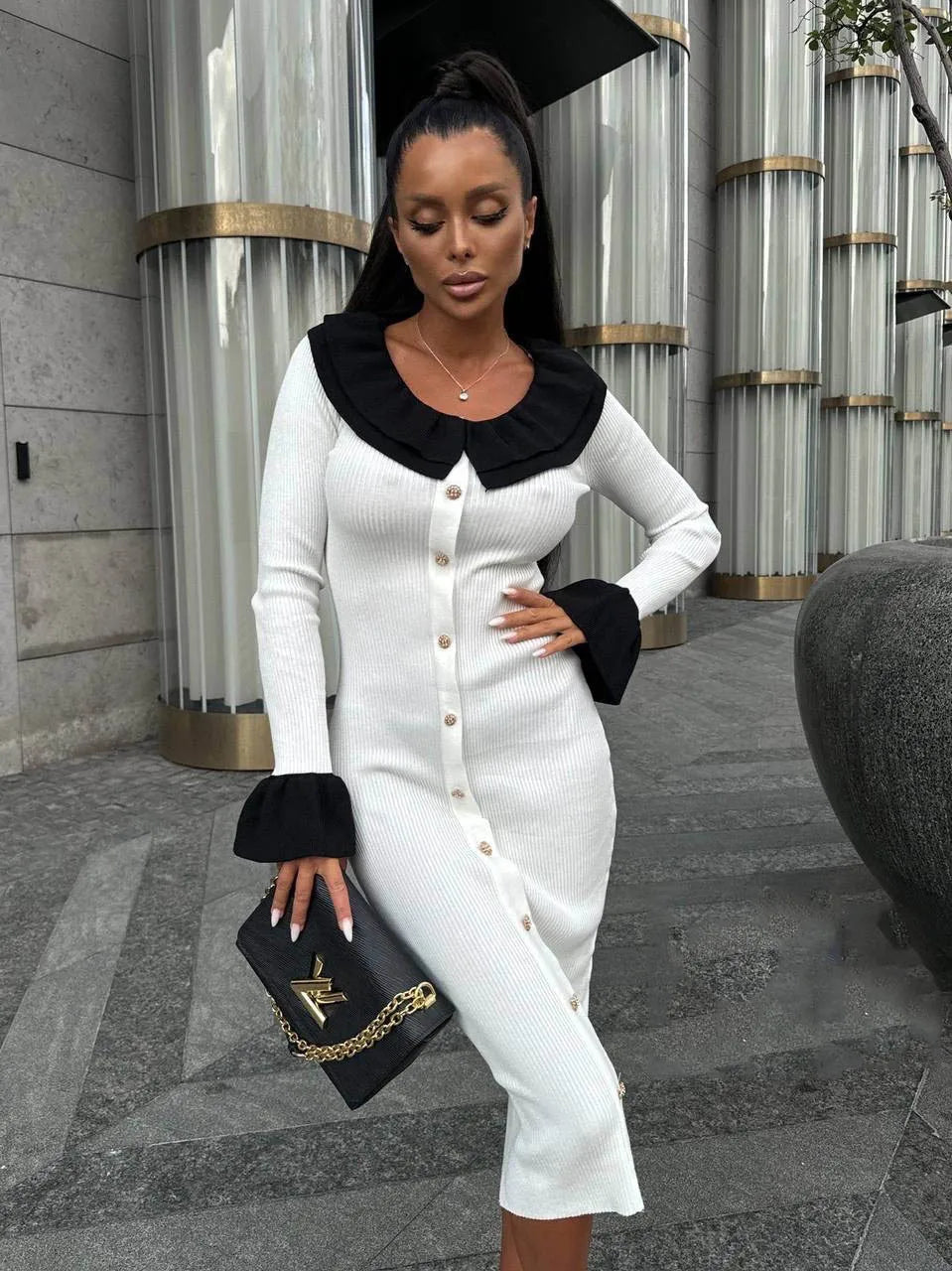 Patchwork Contrast Ribbed Casual Midi Dress