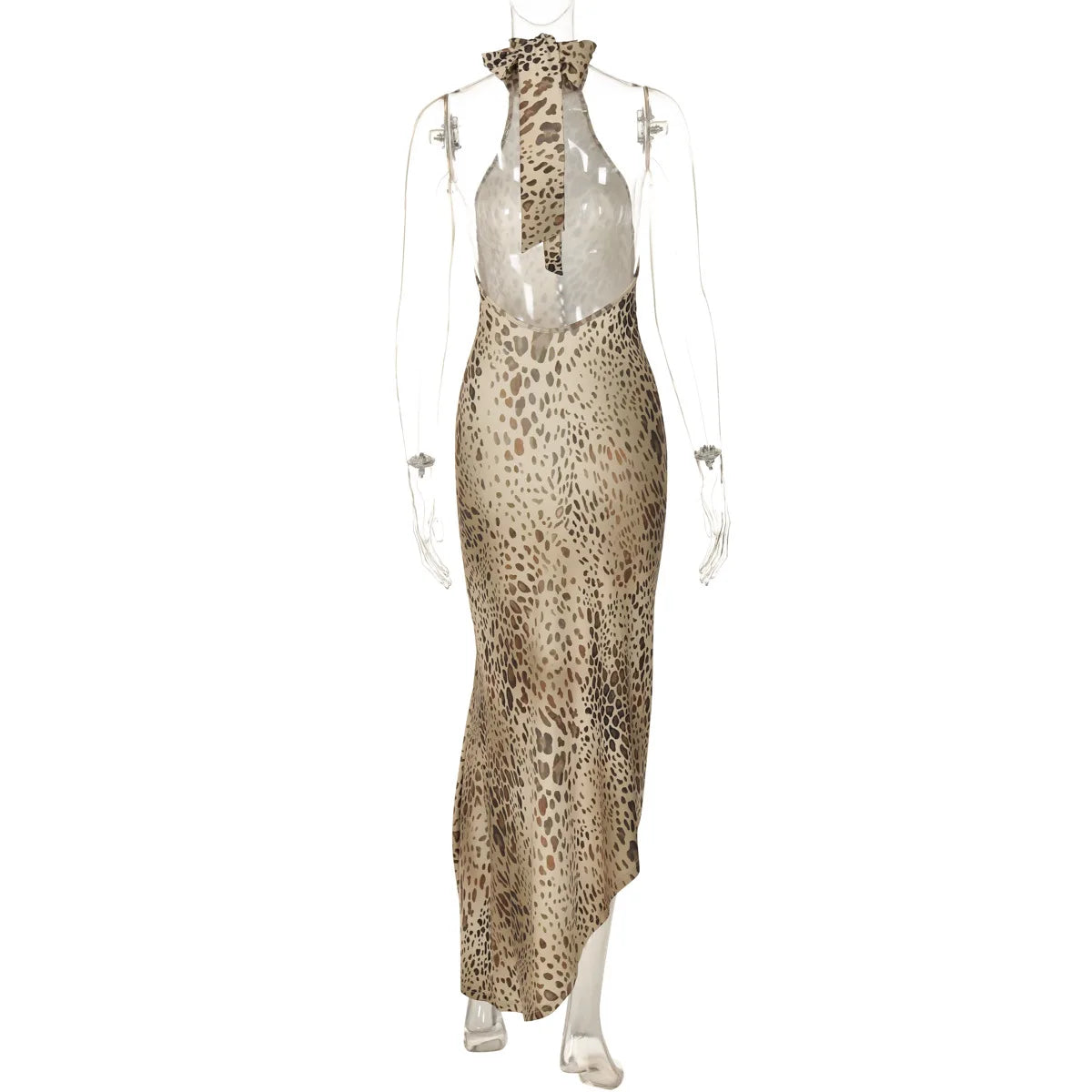 Halter Leopard Embellished Long Party Dress