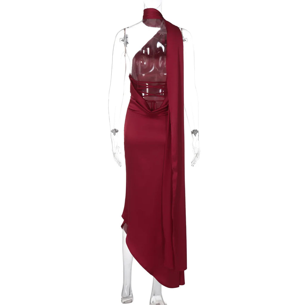 Satin Backless Halter Ribbon Black Maxi Dress