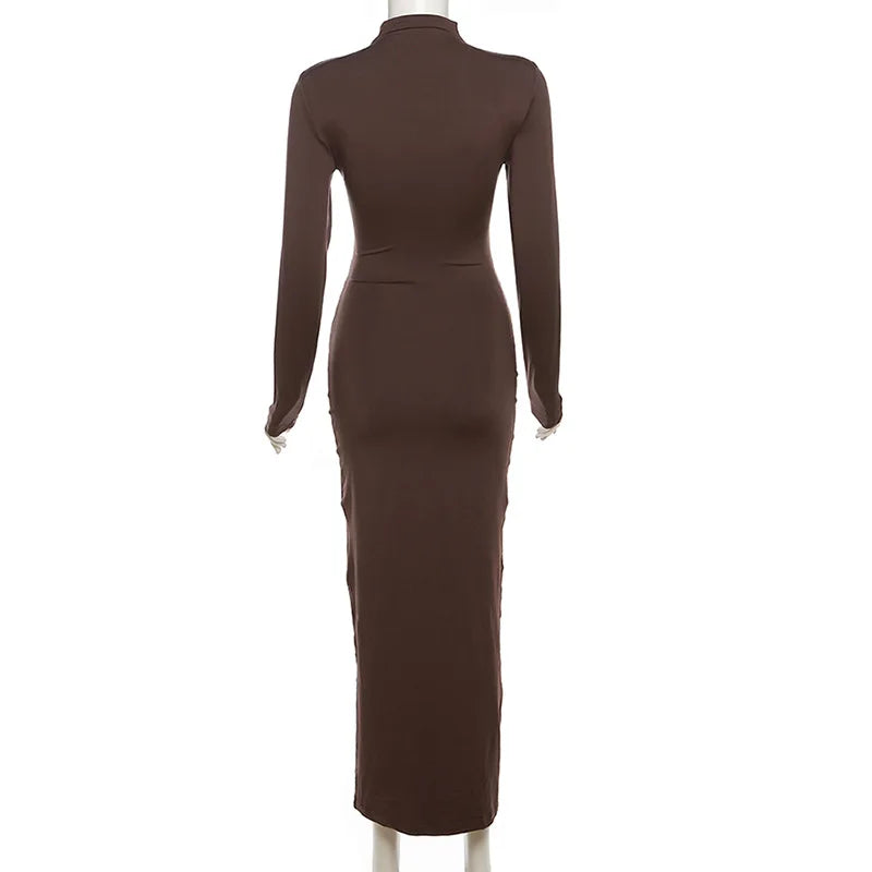 Hollow Out Pleated Long Sleeve Maxi Dress