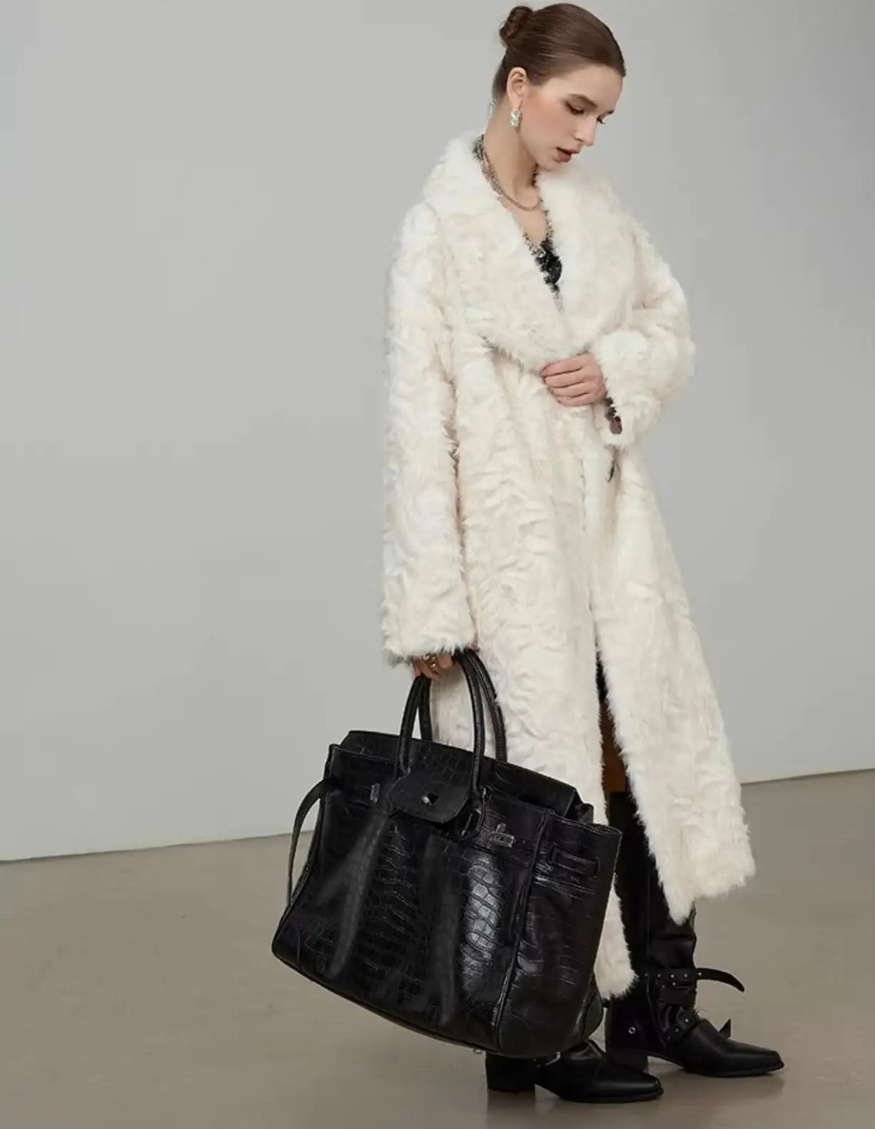 Large Lapel Shaggy Faux Fur Long Party Dress