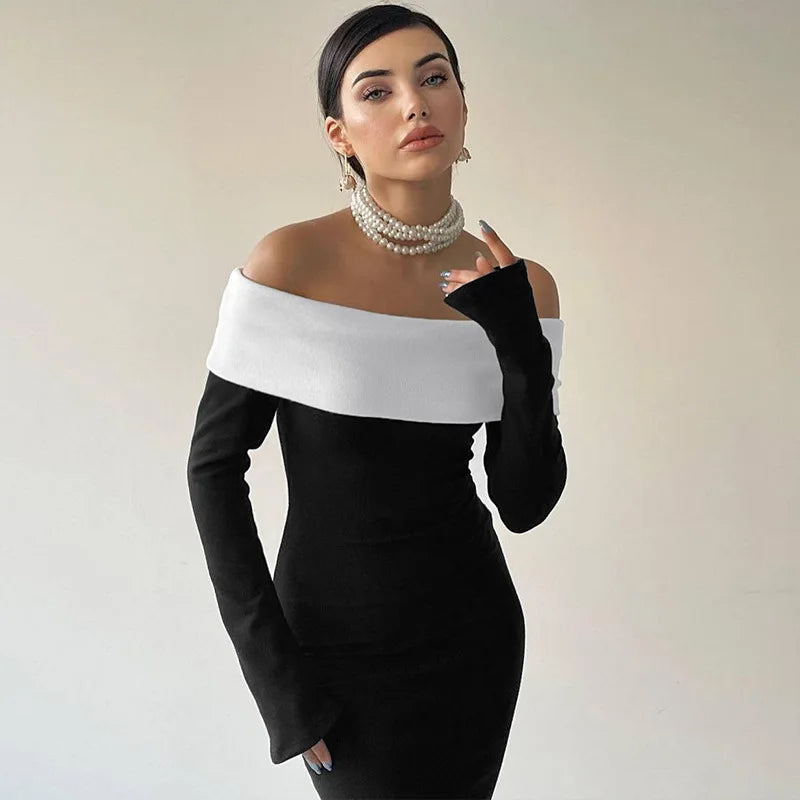 Black White Off Shoulder Long Sleeve Maxi Party Dress