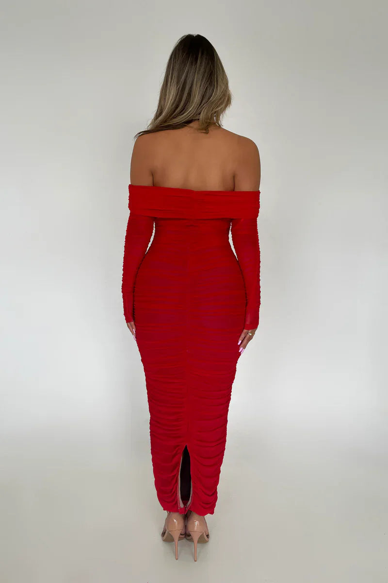 Off Shoulder Slash Neck Solid Maxi Dress