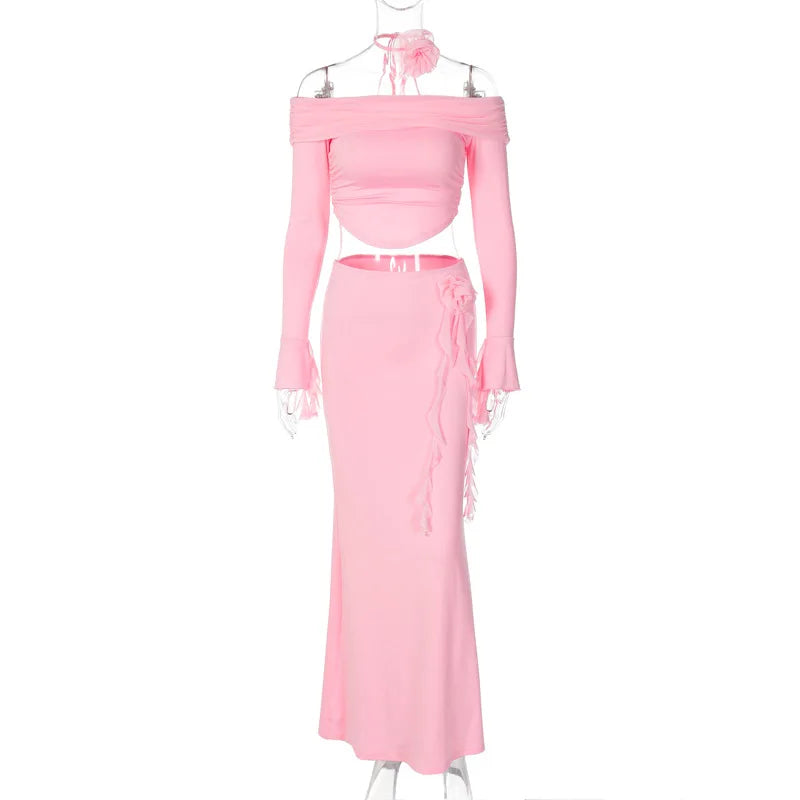 Off Shoulder Crop Top Bodycon Maxi Skirt Set