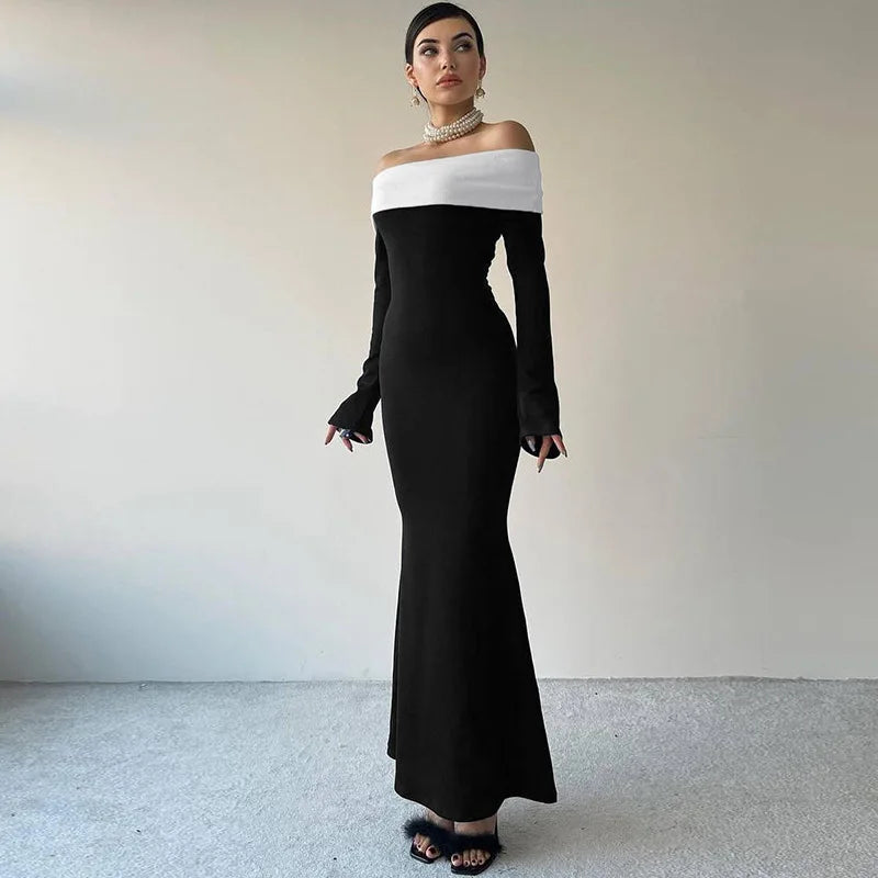 Black White Off Shoulder Long Sleeve Maxi Party Dress