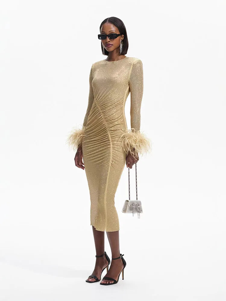 Feather Rhinestone Folded Midi Dress