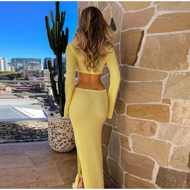 Knitted Hollow O Neck Slit Maxi Dress