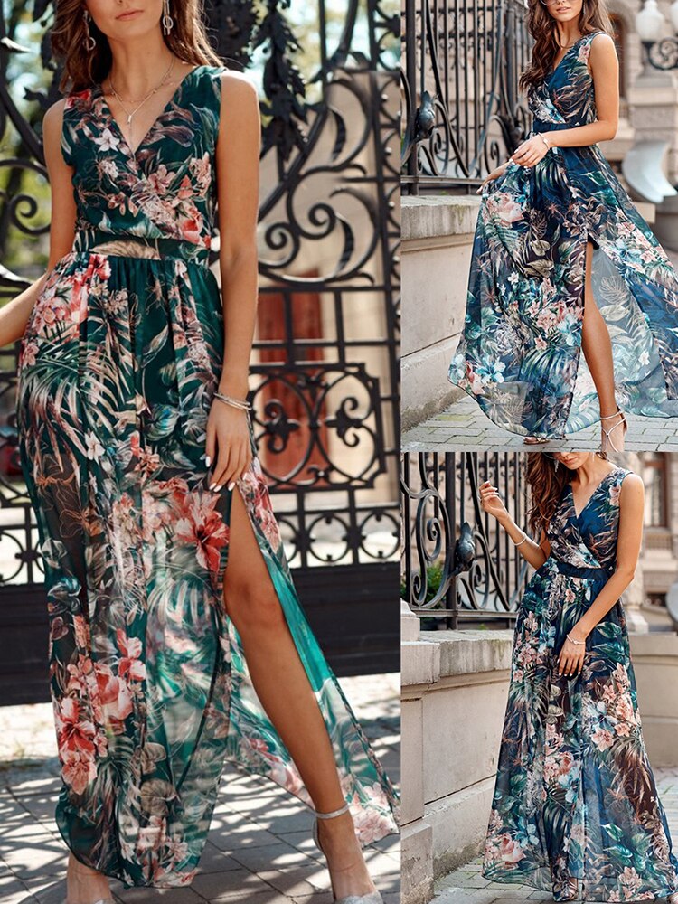 Chiffon Floral V-Neck Sleeveless Beach Maxi Dress