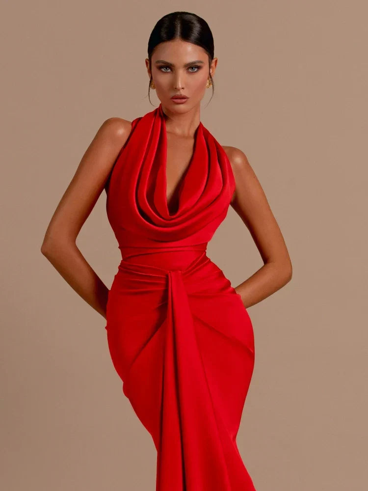 Swing Collar Backless Pleated Red Satin Maxi Dress
