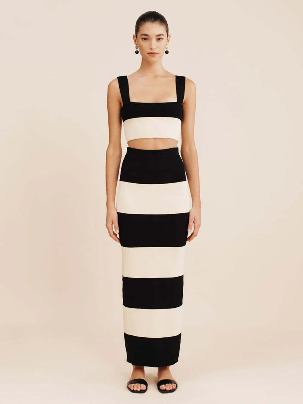 Striped Knit Crop Top Midi Skirt Set Dress