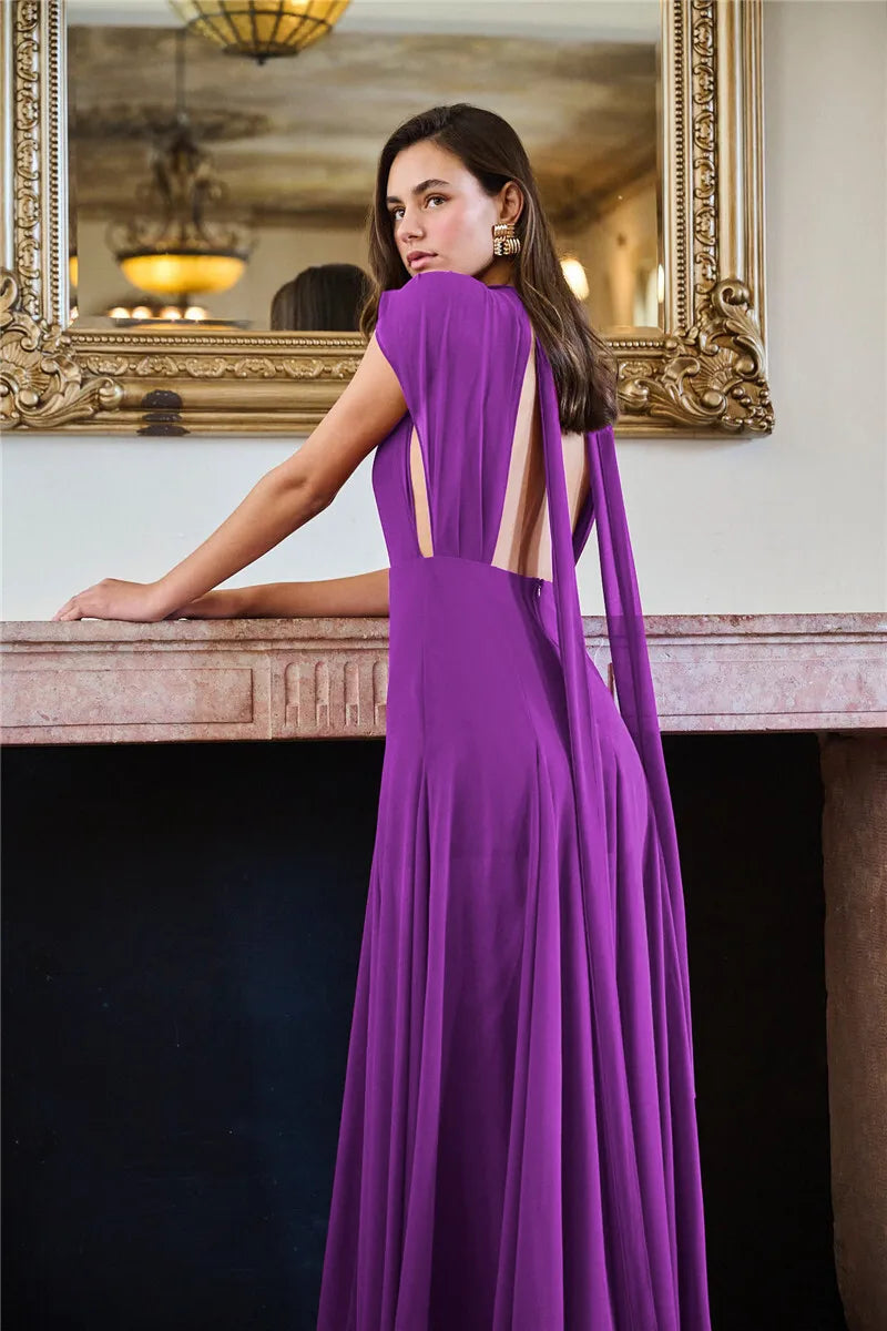 Deep V Purple High Slit Maxi Dress