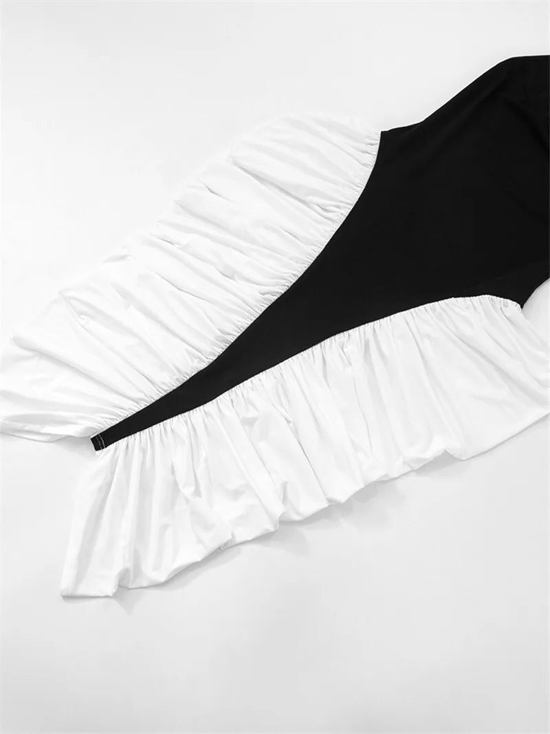 Patchwork Halter Pleated Contrast Midi Dress