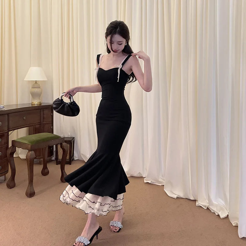 Black Ruffle Trim Fishtail Party Dress