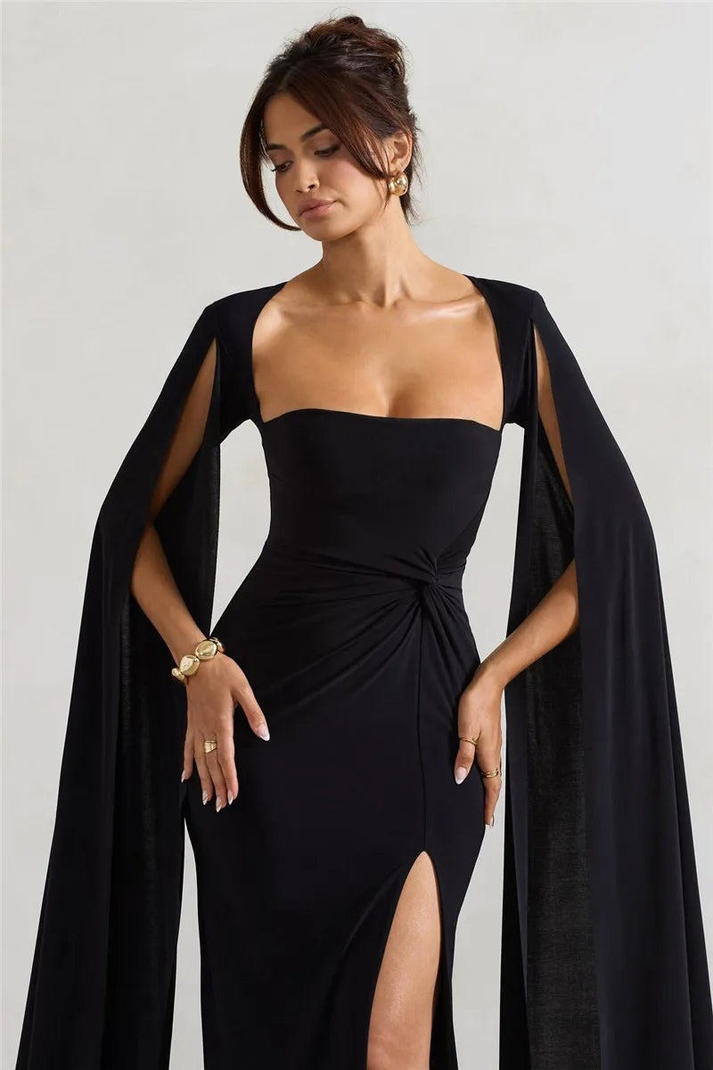 Cape Sleeve High Split Elegant Maxi Dress