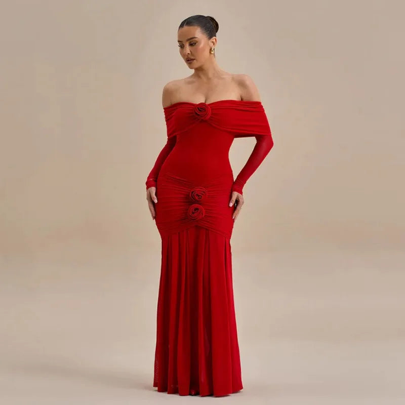 3D Flower Mesh Long Sleeve Fishtail Maxi Dress