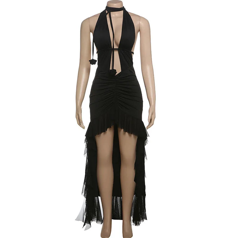 Black Deep Neck Open Back Ruffled Maxi Dress