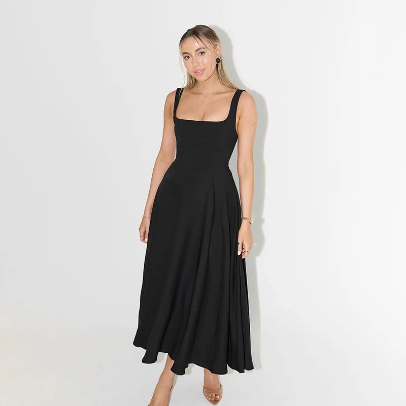 Square Neck Black Strap Spaghetti Maxi Dress