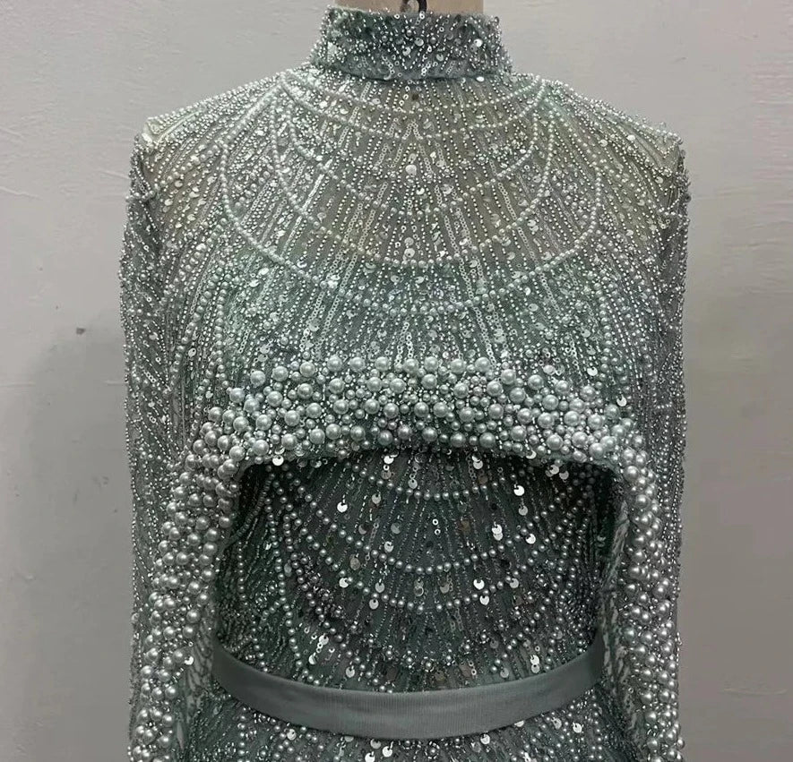 Pearl Mermaid Wedding Cape Evening Party Dress
