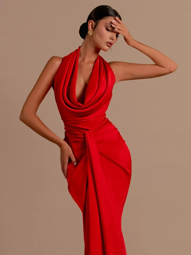 Swing Collar Backless Pleated Red Satin Maxi Dress