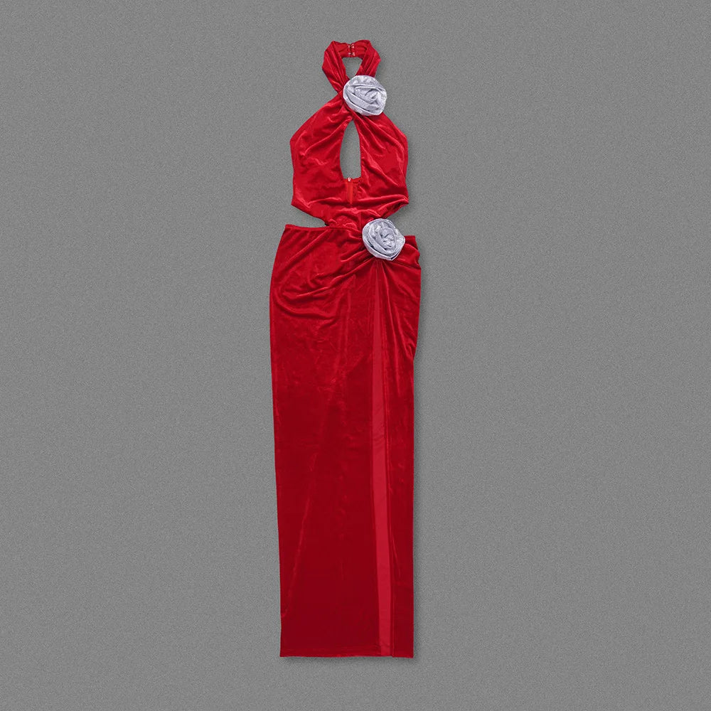 Red Velvet 3D Flower Evening Maxi Dress