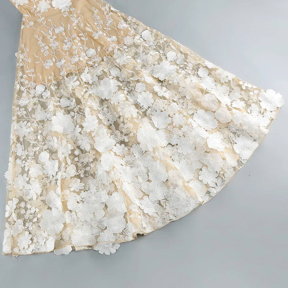 Floral Embroidered Mesh Maxi Party Dress