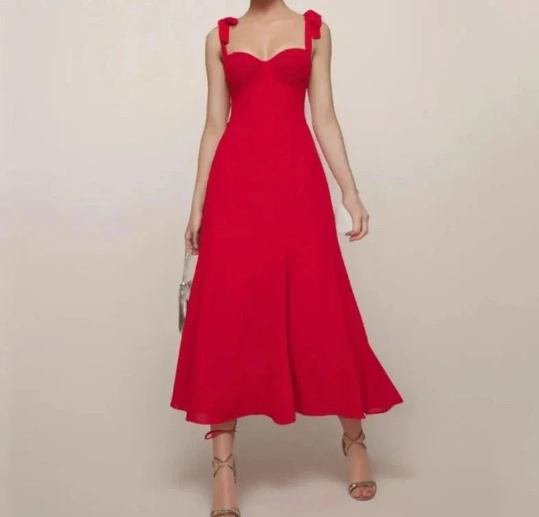 Red Bow Strap Elegant Tie Midi Dress