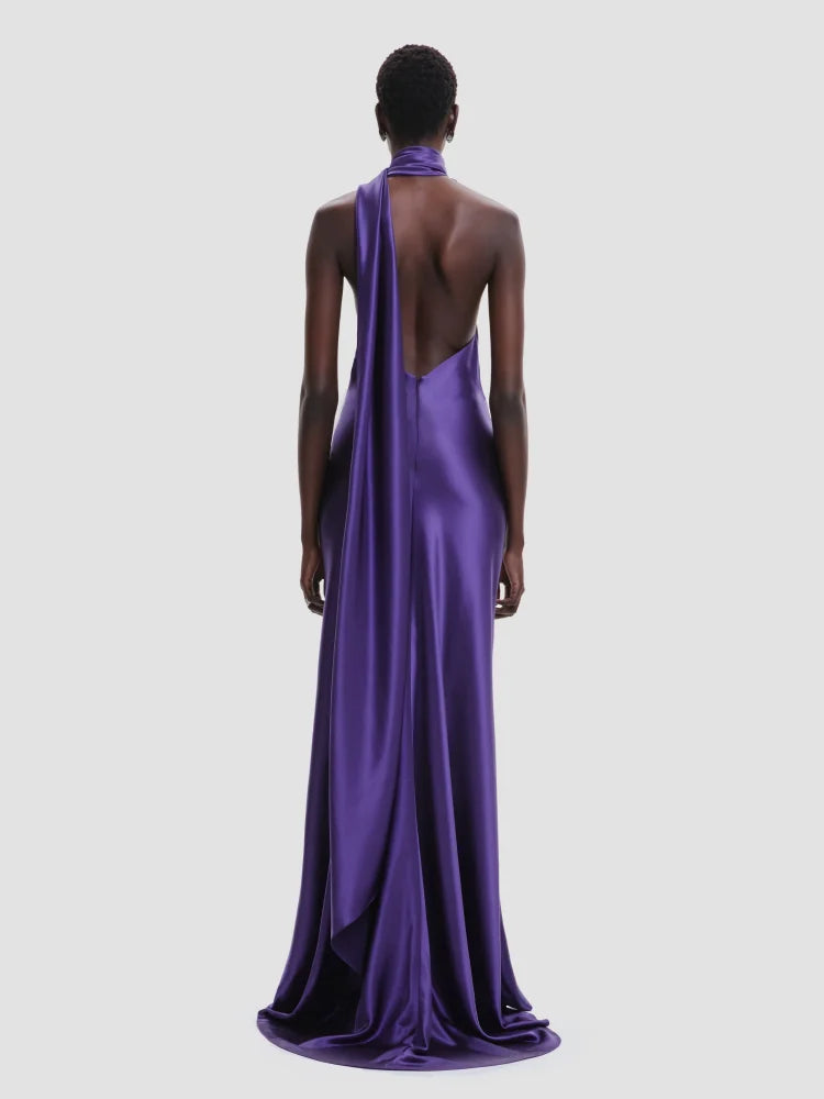Purple Satin Halter Neck 3D Flower Maxi Dress