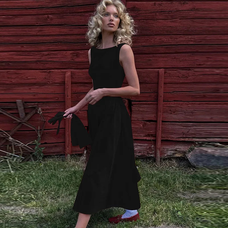 Straight Neck Flared Sleeveless Midi Dress