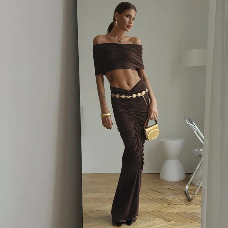 Off Shoulder Crop Top Long Skirt Party Dress