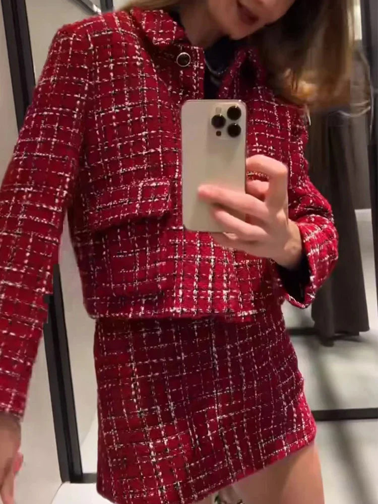 Plaid Lapel Coat Side Zipper Short Party Dress