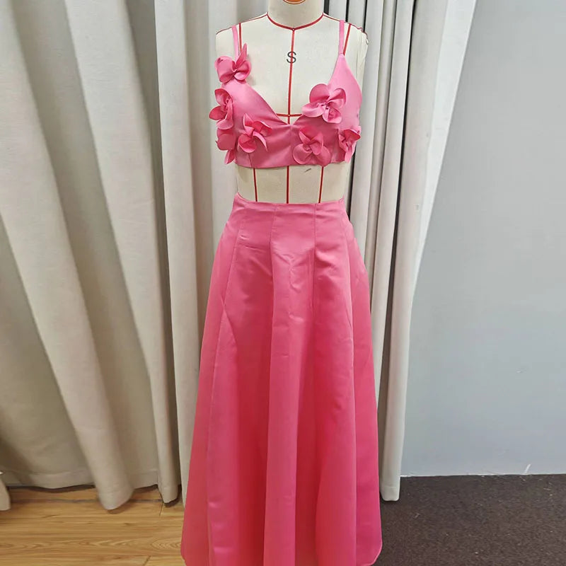 3D Flower Sling Crop Top A-Line Skirt Party Dress