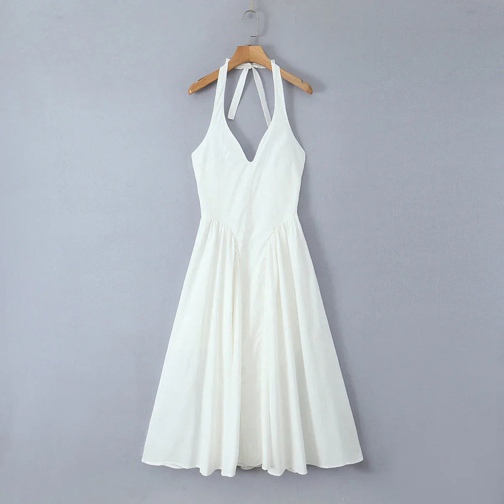 White Bow Halter Pleated Midi Dress