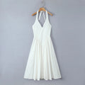 White Bow Halter Pleated Midi Dress